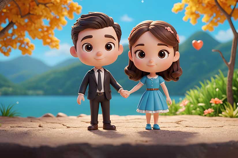 A cartoon couple holding hands by a lake