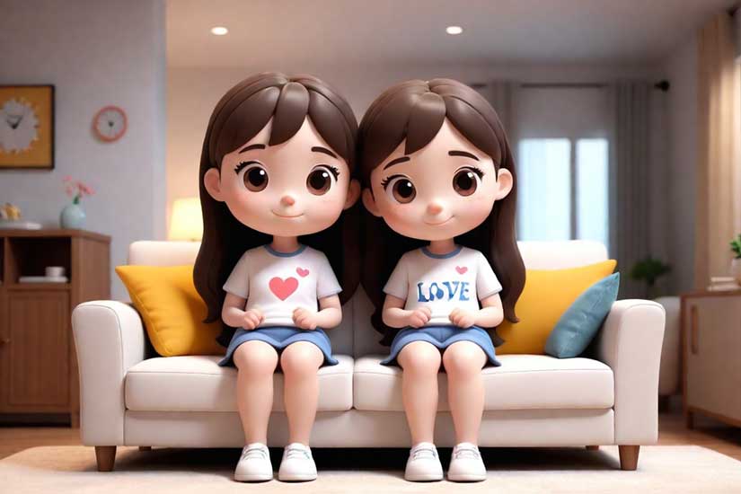 Two girls sitting together, hearts on their shirts, looking happy.