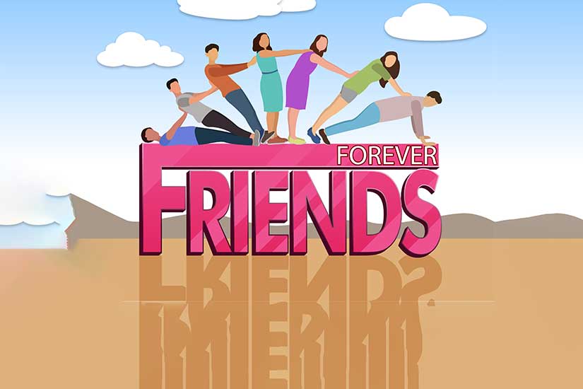 A diverse group of friends standing on a sign that reads 